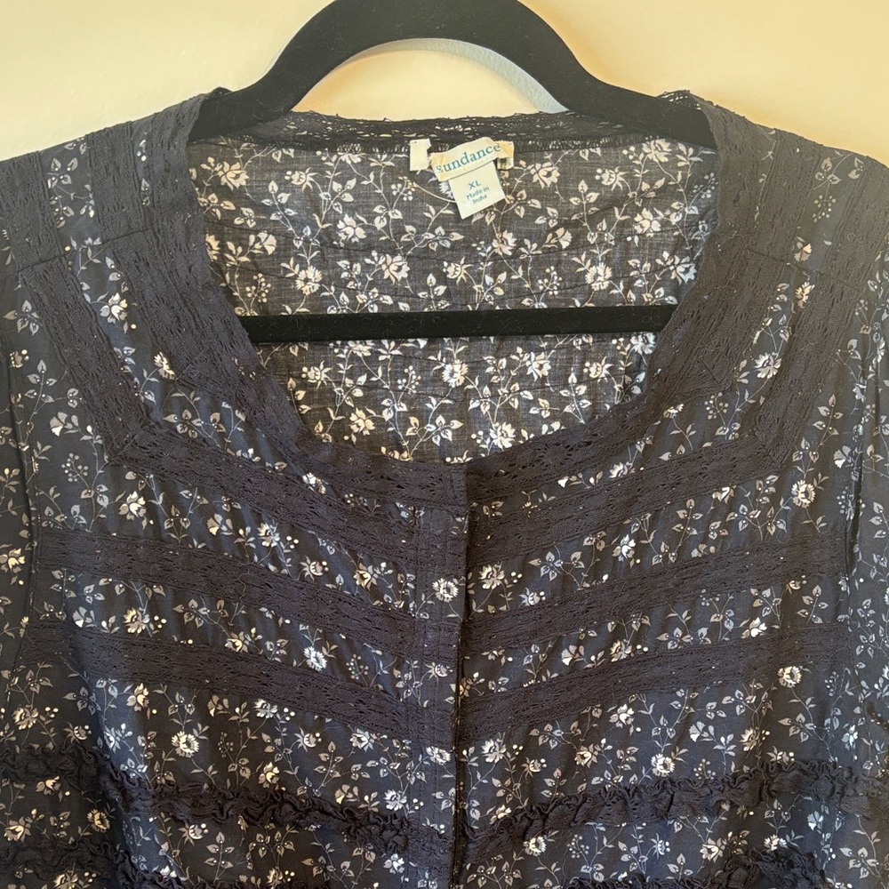 NWOT! Sundance Midnight Blue Cottage Core Boho Cotton Floral Top Velvet Trim
